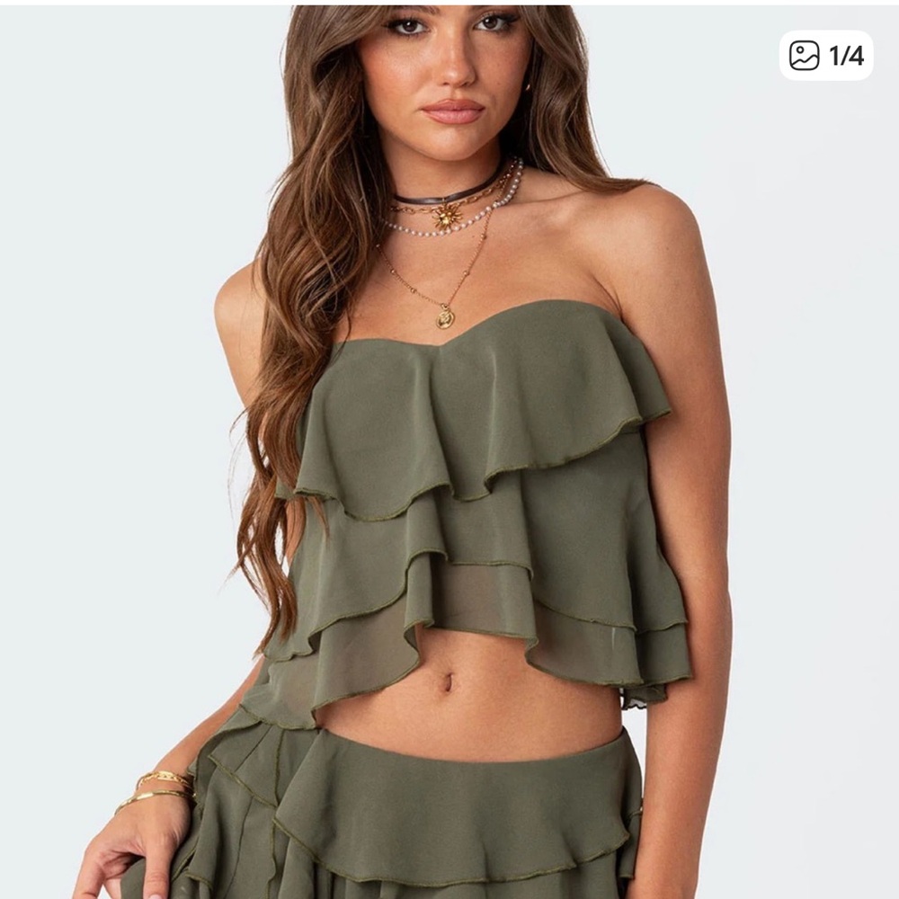 Edikted Olive Green Ruffle Strapless Crop Top